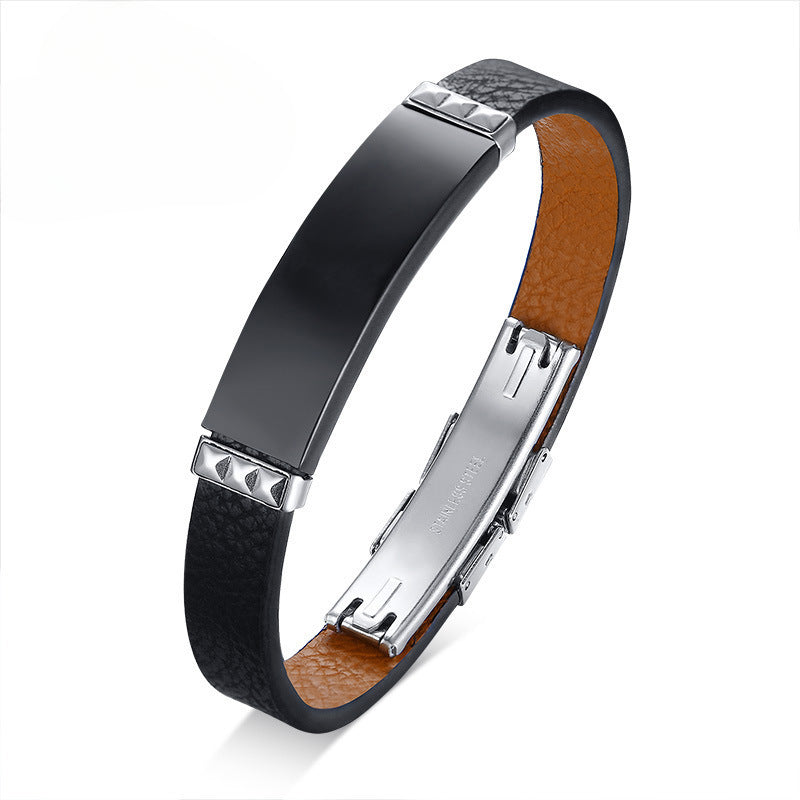 Stainless Steel Curved Leather Bracelet Men's Trendy Black Bracelet