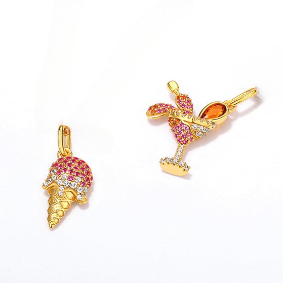 Red and White Zircon Ice Cream Cone Sterling Silver Pendant