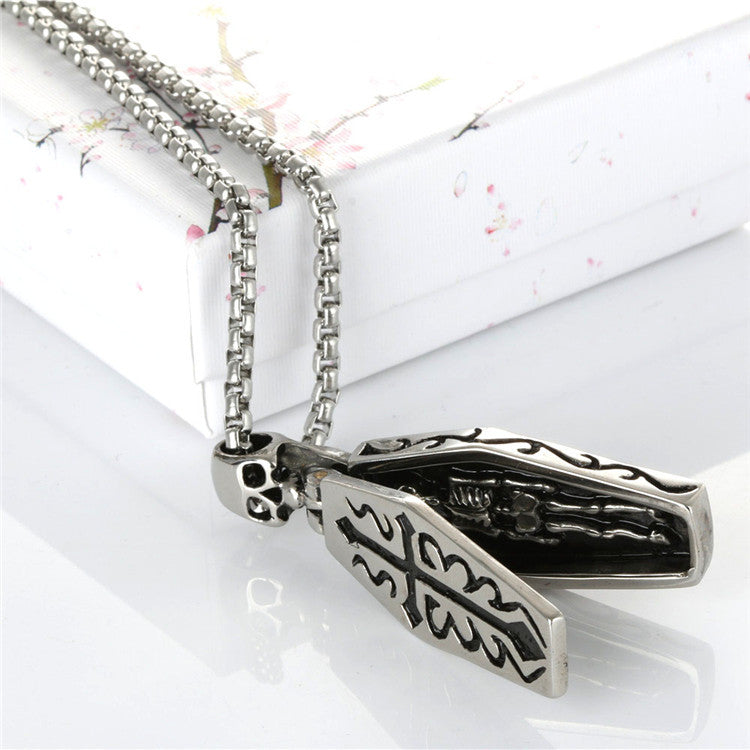 Titanium Steel Skull Coffin Pendant Necklace for Men - Punk Retro Style