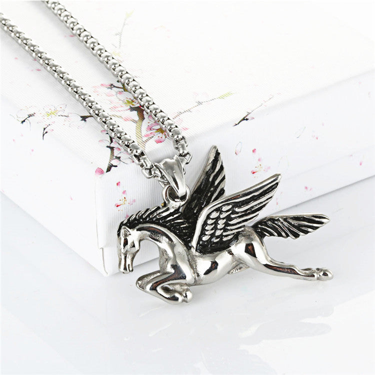 Titanium Steel Pegasus Pendant Necklace - Men's Retro Punk Zodiac Design