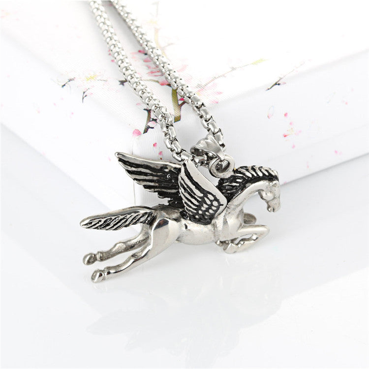 Titanium Steel Pegasus Pendant Necklace - Men's Retro Punk Zodiac Design