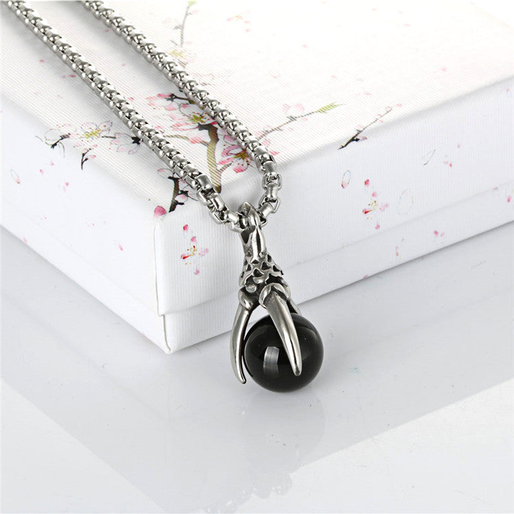 Titanium Steel Dragon Claw Pendant Necklace with Black Stone Inlay for Men - Punk Retro Style