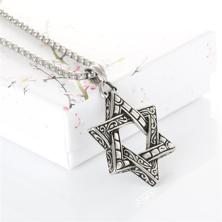 Punk-Inspired Stainless Steel Hexagram Pendant Necklace for Men, Retro Titanium Star Tag