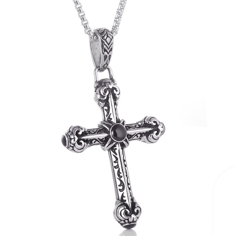 Men's Retro Titanium Steel Engraved Cross Pendant Necklace with Precious Stones, Punk Style Large Tag