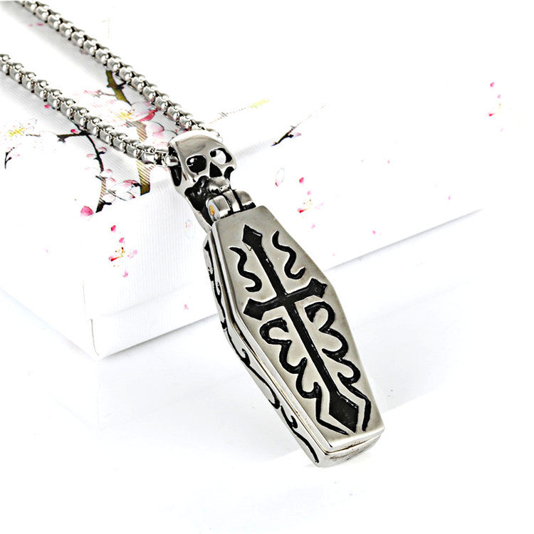 Titanium Steel Skull Coffin Pendant Necklace for Men - Punk Retro Style