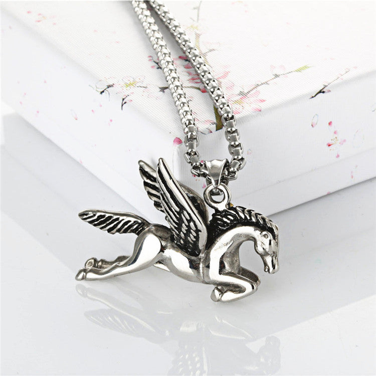 Titanium Steel Pegasus Pendant Necklace - Men's Retro Punk Zodiac Design