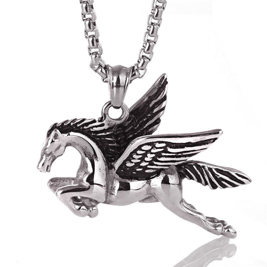 Titanium Steel Pegasus Pendant Necklace - Men's Retro Punk Zodiac Design