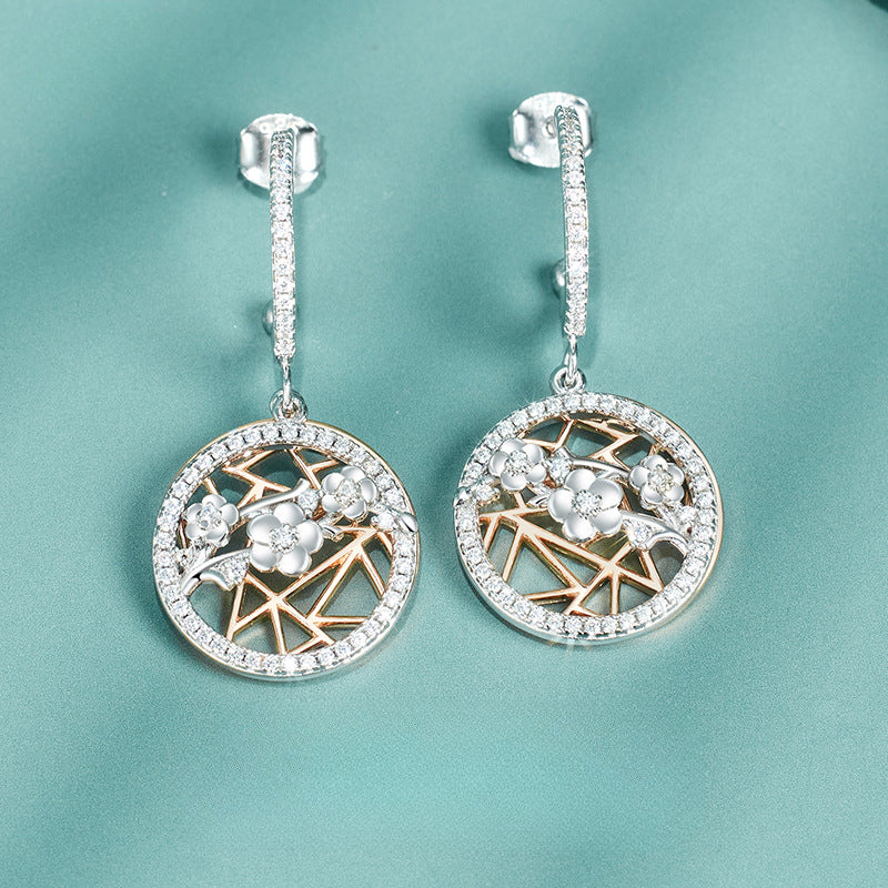 Zircon Plum Double Round Pendant C Shape Sterling Silver Drop Earrings