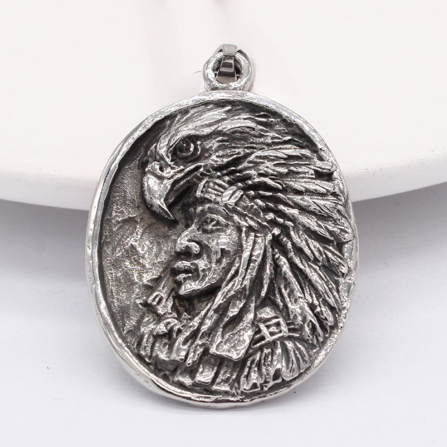 Eagle Amerindian Chief Oval Titanium Steel Pendant for Men