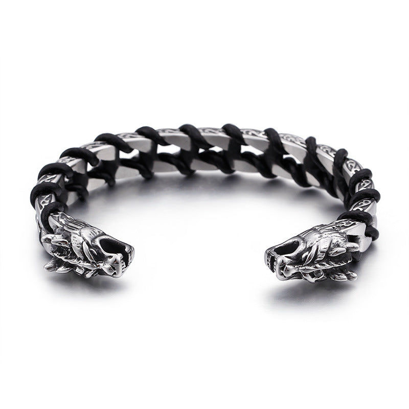Open Double Dragon Head Rope Bracelet – Titanium Steel Men's Bracelet Skull Bracelet