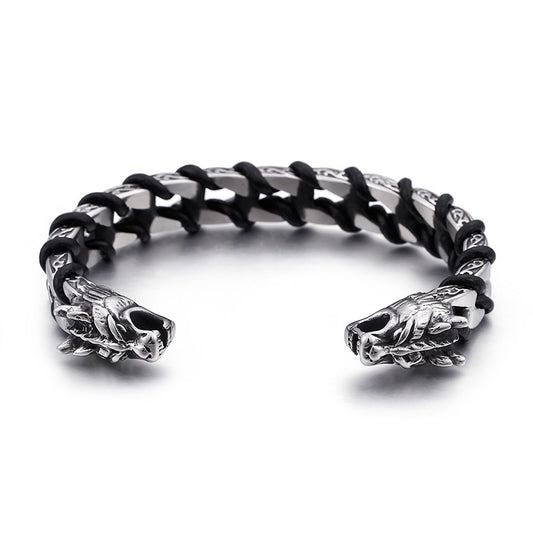 Open Double Dragon Head Rope Bracelet – Titanium Steel Men's Bracelet Skull Bracelet