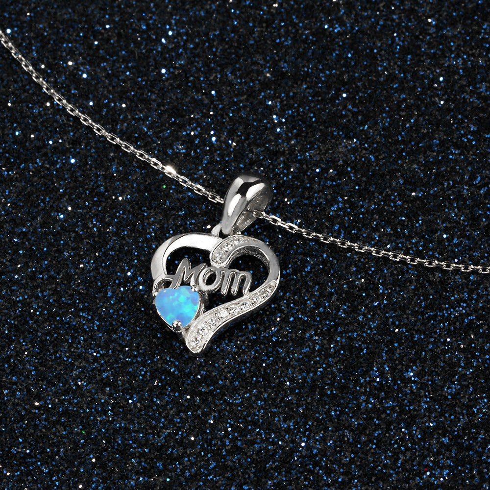 Heart Shap Opal Love Mom Zircon Sterling Silver Necklace