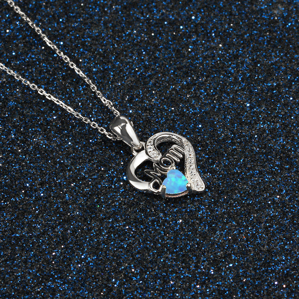 Heart Shap Opal Love Mom Zircon Sterling Silver Necklace
