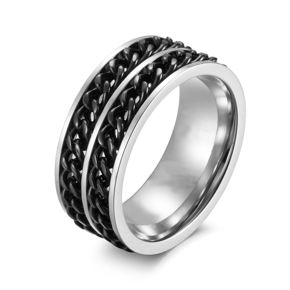 Stainless Steel Double Chain Ring – Rotatable Two-Color Chain Men's