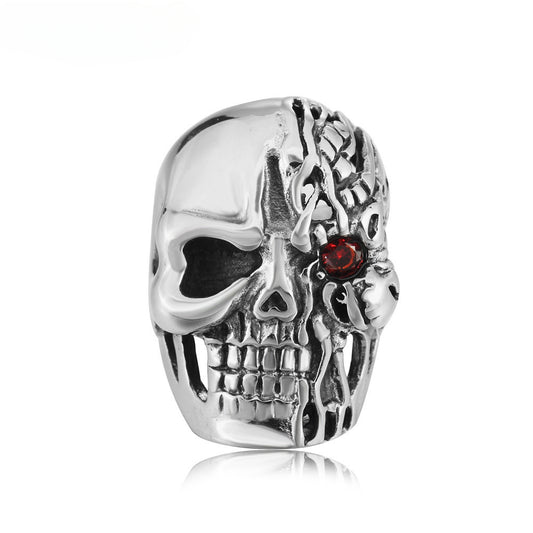 Halloween Red Zircon Skull Head Titanium Steel Ring for Men