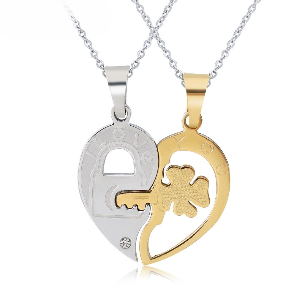 Four-Leaf Clover Necklace Key Heart Couple Premium Titanium Steel Unisex Pendant Planderful For Lovers