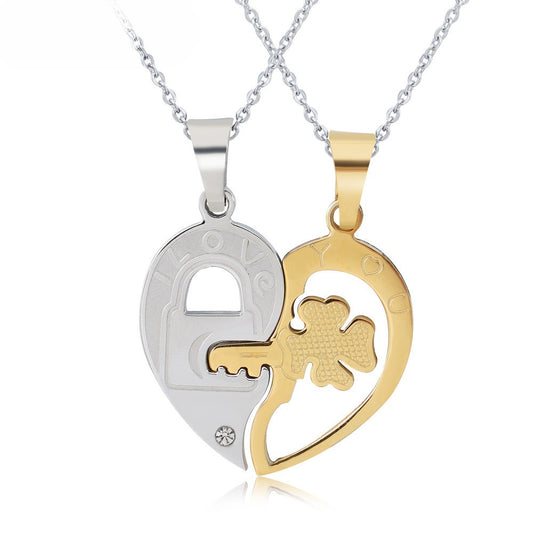Four-Leaf Clover Necklace Key Heart Couple Premium Titanium Steel Unisex Pendant Planderful For Lovers