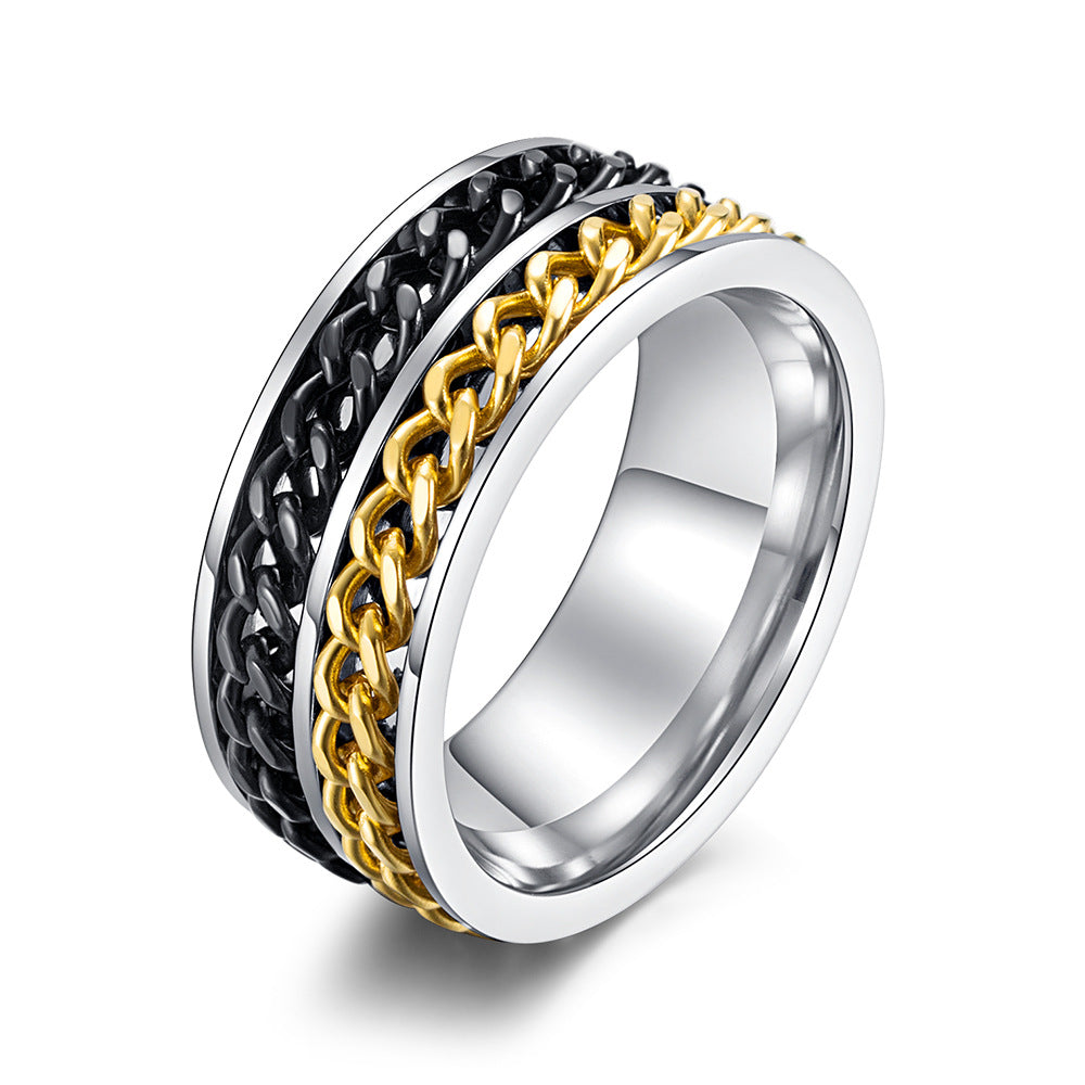 Stainless Steel Double Chain Ring – Rotatable Two-Color Chain Men's