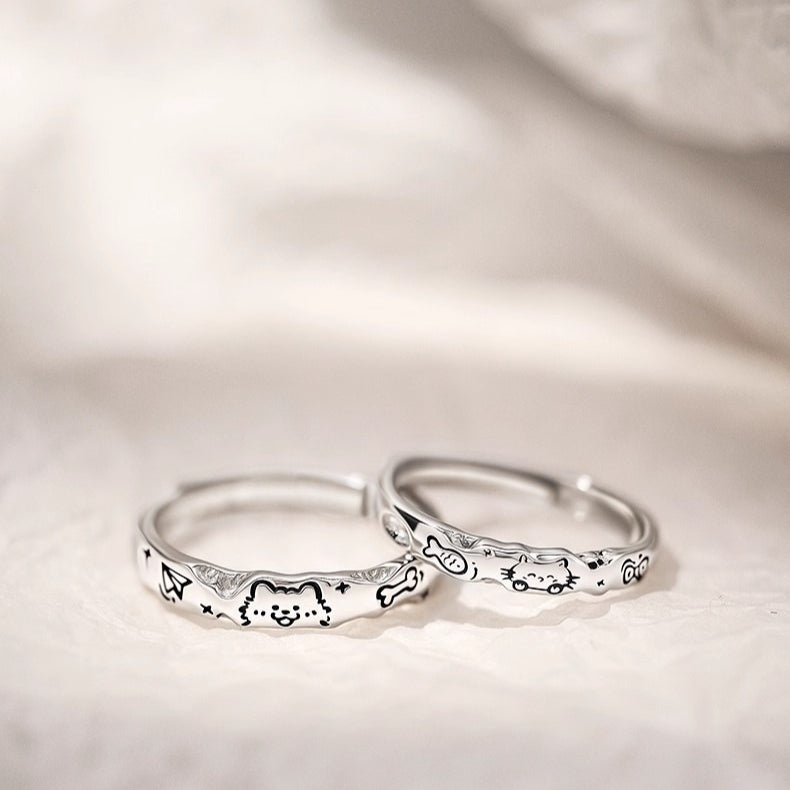 Planderful Sterling Silver Cat And Dog Couple Ring For Girlfriend Adjustable High End Gift