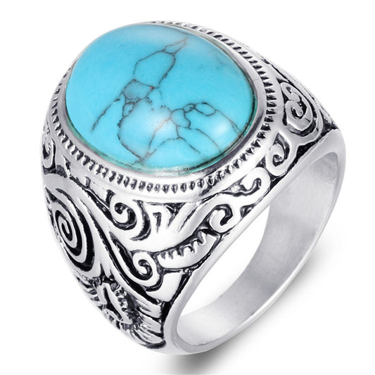Trendy Punk Titanium Steel Turquoise Ring for Men - Engraved Stainless Steel Fashion Statement