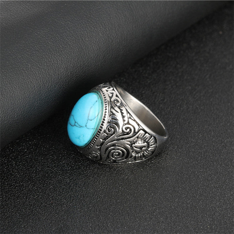 Trendy Punk Titanium Steel Turquoise Ring for Men - Engraved Stainless Steel Fashion Statement
