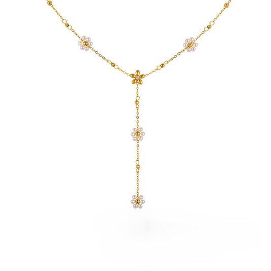 Stainless Steel Flower Pearl Y Necklace Gold Collarbone Chain Necklace Ornament