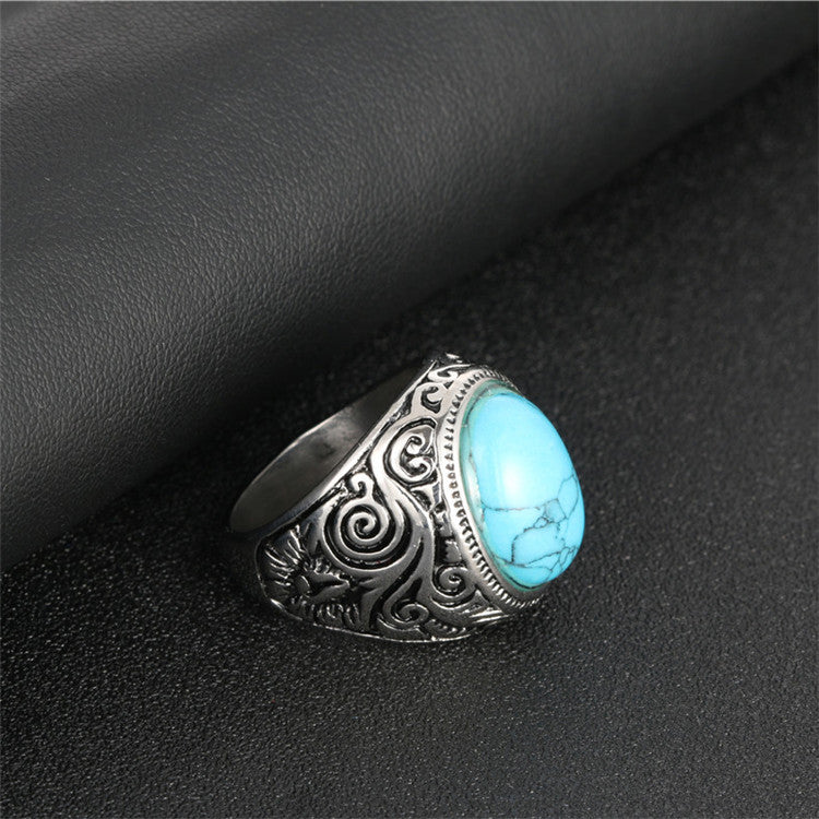 Trendy Punk Titanium Steel Turquoise Ring for Men - Engraved Stainless Steel Fashion Statement