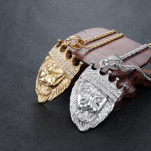 Titanium Steel Lion Head Pendant for Men - Crown Design Fashion Accessory