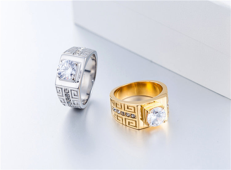 Men's Titanium Steel Zircon Wedding Ring with Great Wall Pattern