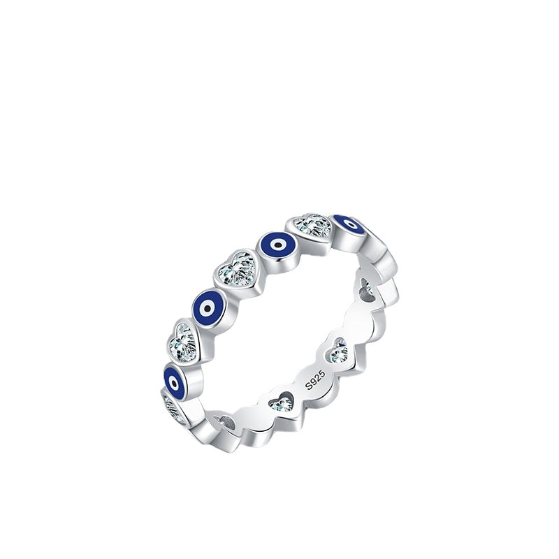 S925 Sterling Silver Blue Eye Heart Ring with Zircon Stacked Wind Detail