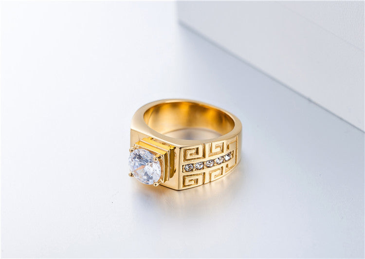 Men's Titanium Steel Zircon Wedding Ring with Great Wall Pattern