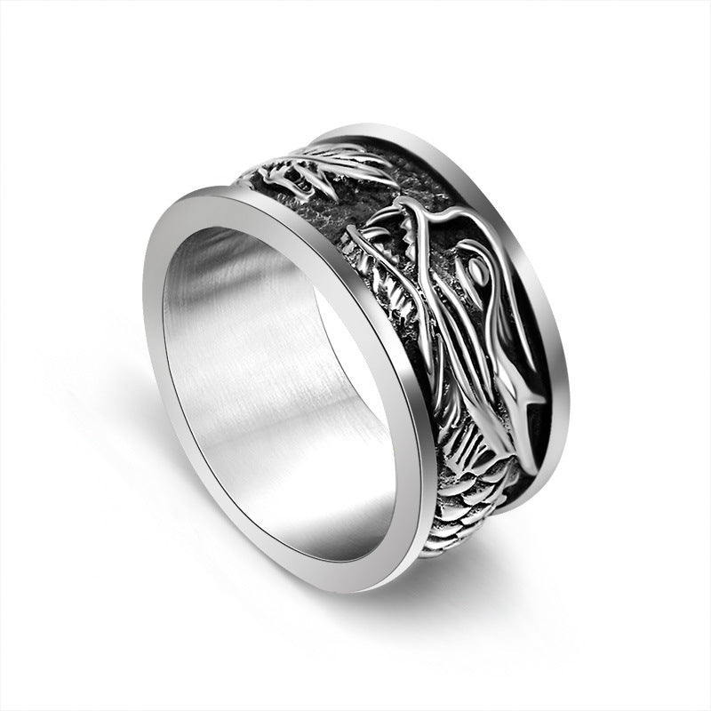 Vintage Titanium Steel Dragon Ring for Men - Wide Loong Descendant Stainless Steel Jewelry