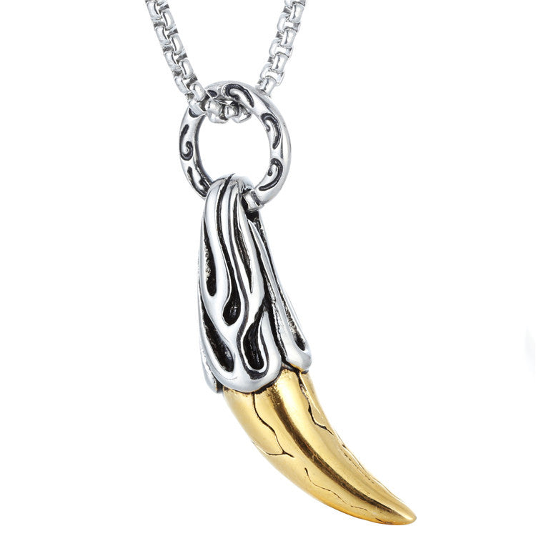 Men's Exaggerated Wolf Tooth Pendant Necklace - European and American Fashion in Steel and Copper Mix