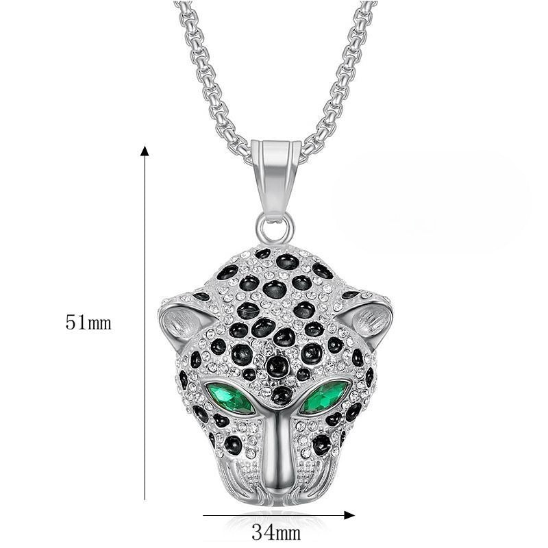 Planderful Leopard Head Pendant Stainless Steel Green Red Zircon Eyes Unisex Hip Hop Jewelry