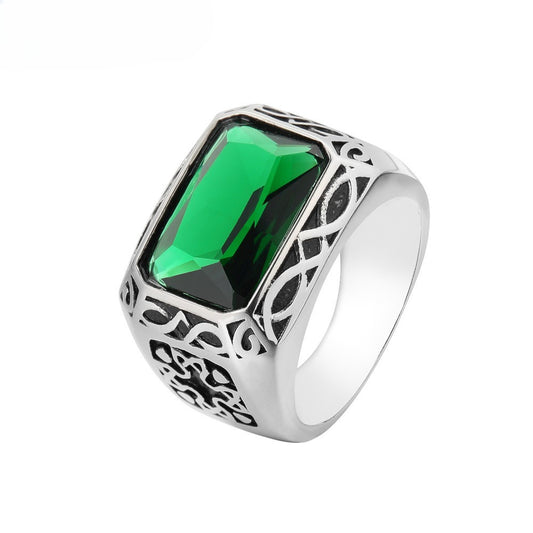 Planderful Titanium Steel Punk Ring With Green Zircon For Unisex Retro European American Style