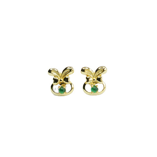 Whimsical Rabbit Bow Earrings with Natural Ice King Green Jade