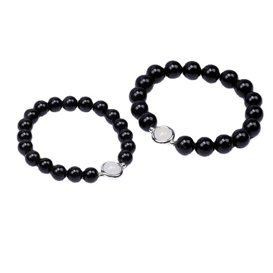 Obsidian and Moonlight Stone Couple Bracelet with Rainbow Eye Single Circle