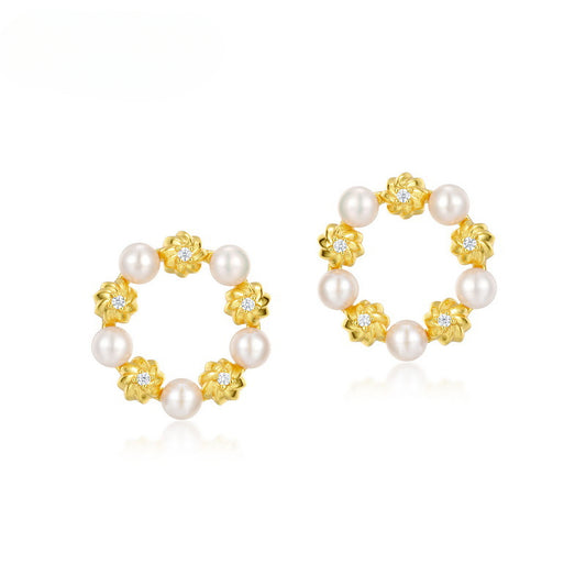 Cookie Circle Zircon Pearl Sterling Silver Stud Earrings
