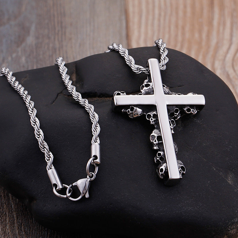 Titanium Steel Men's Cross Pendant with Skull Detail