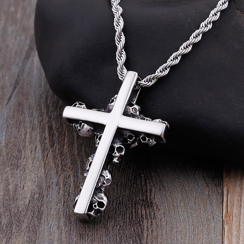 Titanium Steel Men's Cross Pendant with Skull Detail
