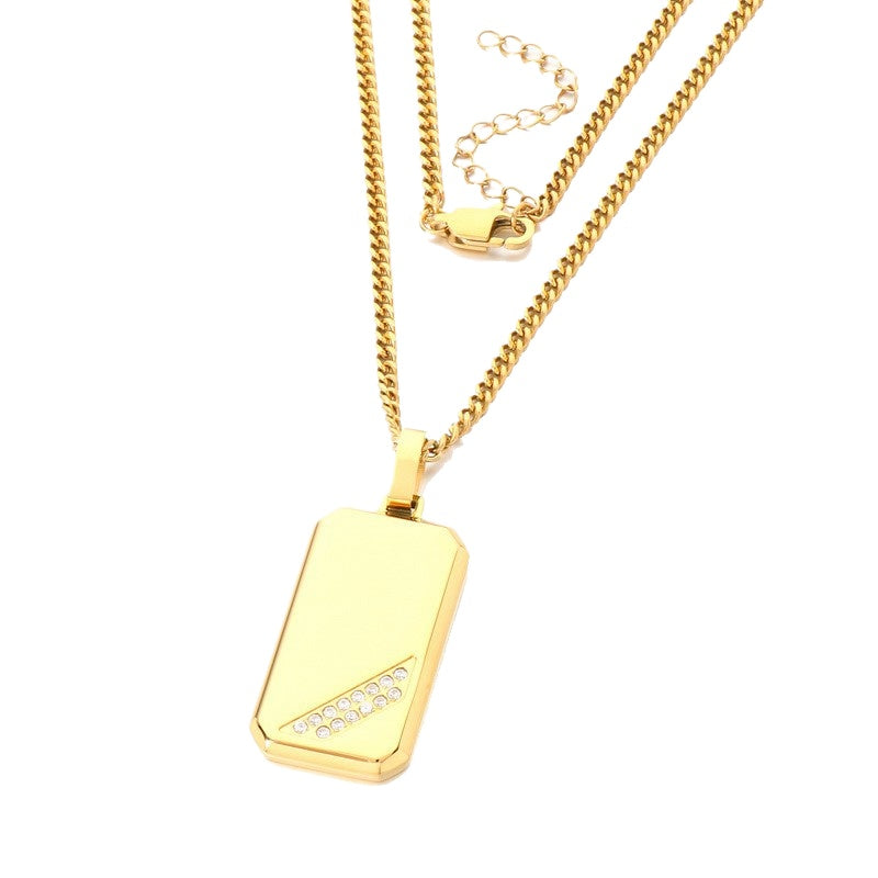 Hip-Hop Style Square Inlaid Double-Row Zircon Pendant Stainless Steel Smooth Military Brand Double-Sided Necklace
