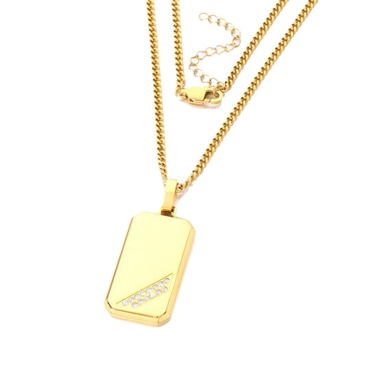 Hip-Hop Style Square Inlaid Double-Row Zircon Pendant Stainless Steel Smooth Military Brand Double-Sided Necklace