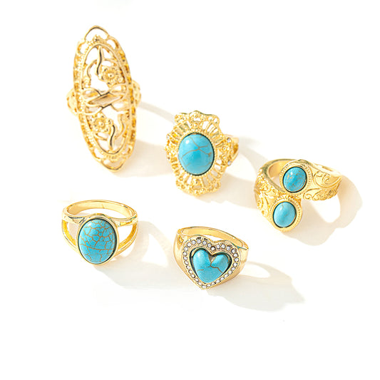 Retro Metal Round Rose Turquoise Women's Ring Set by Planderful