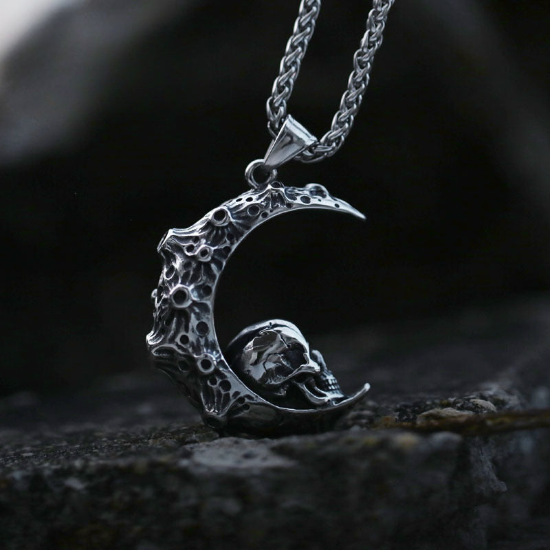 Custom Retro Crescent Moon Skull Pendant in Titanium Steel for Men