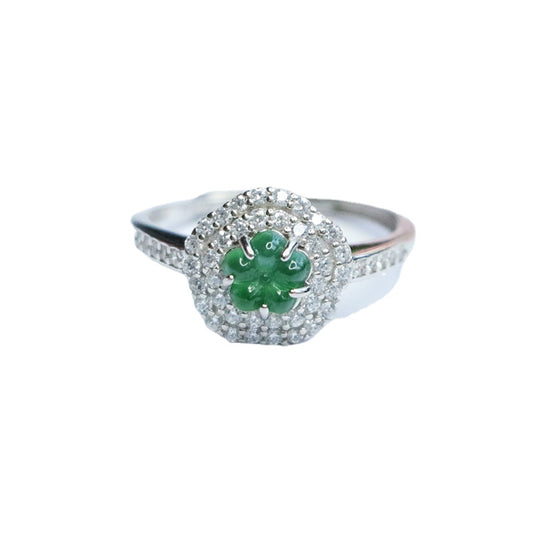 Sterling Silver Adjustable Ring with Ice Green Jade Flower Detail
