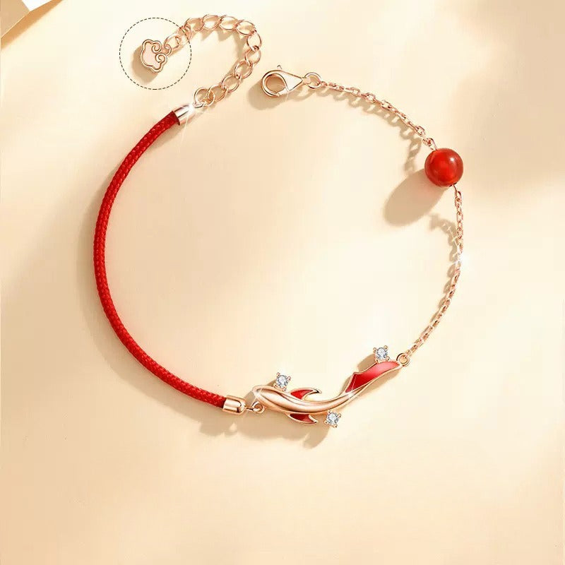 Planderful Sterling Silver Koi Bracelet For Women Handwoven Red Rope Strap Gift For Girlfriend