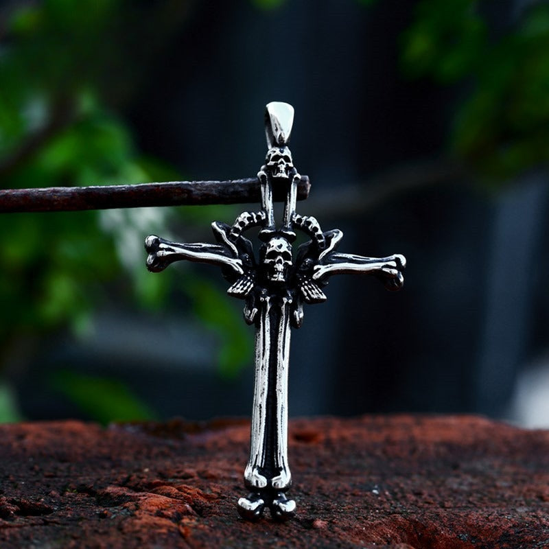 Stainless Steel Bone Cross Pendant – Deer Head Steel Pendant Necklace