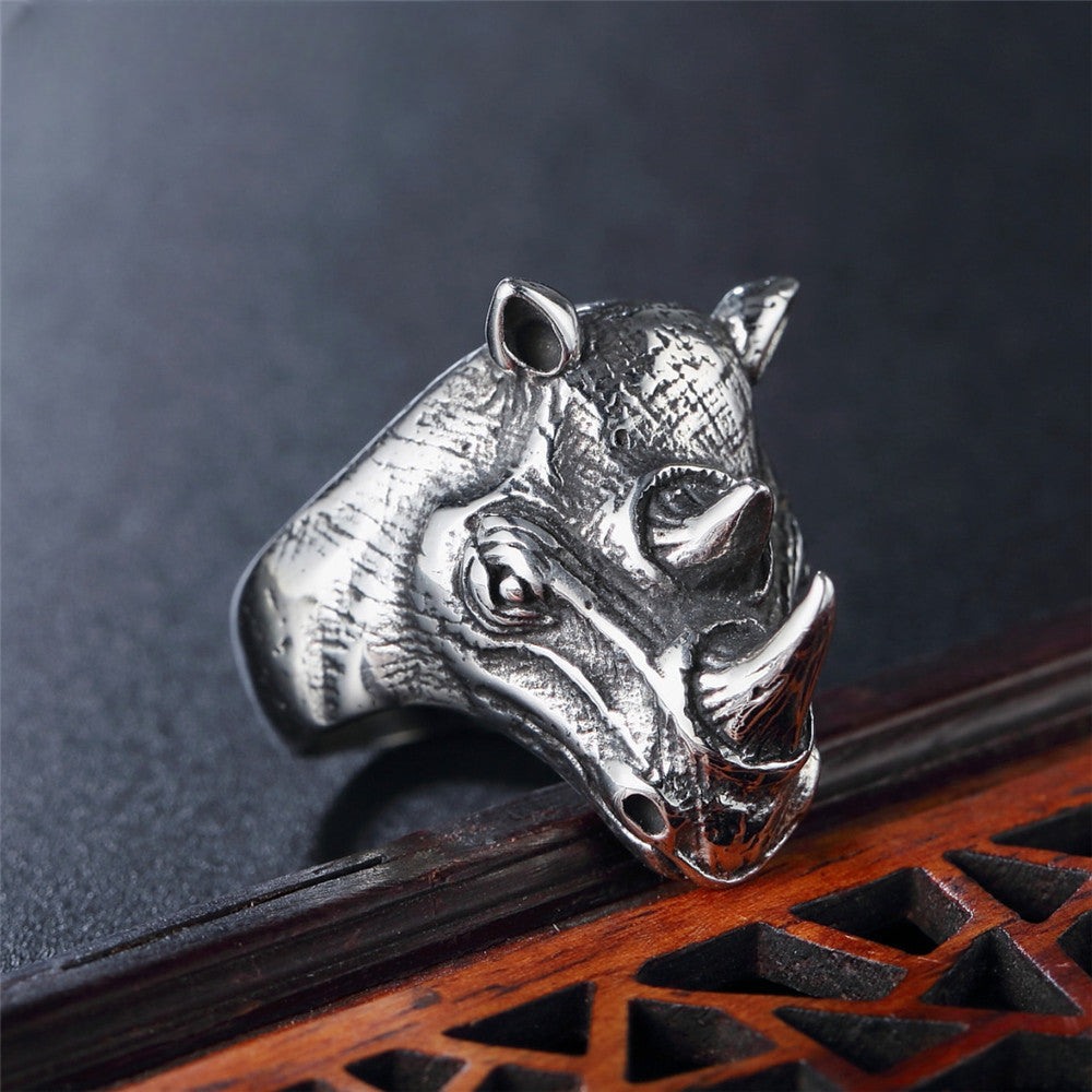 Vintage Rhino Head Titanium Steel Ring for Men