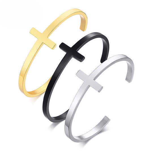 Stainless Steel Bare Cross Open Bracelet for Men and Women