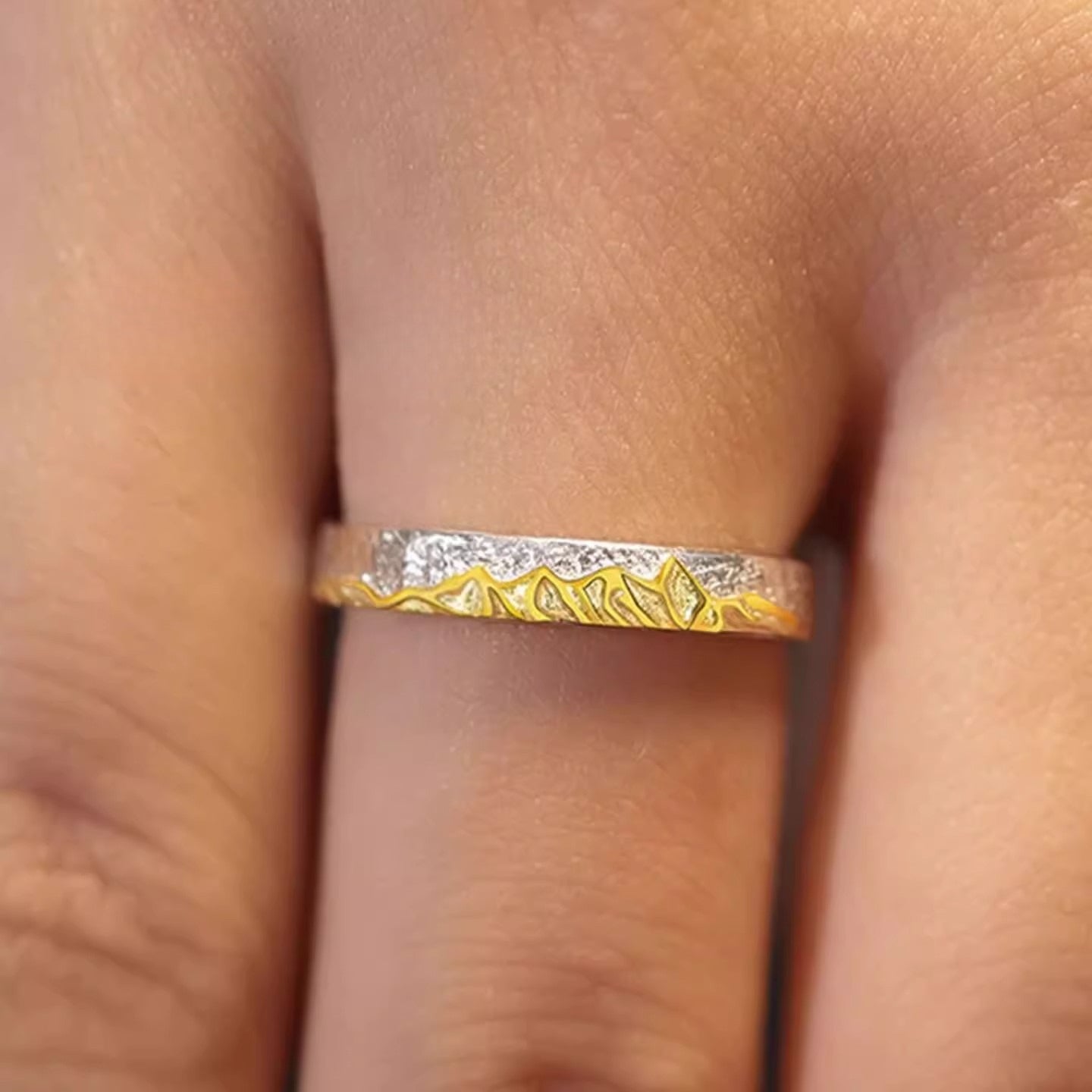 Planderful Sterling Silver Couple Ring 925 Adjustable Open Band With Golden Mountain Design For Her Gift